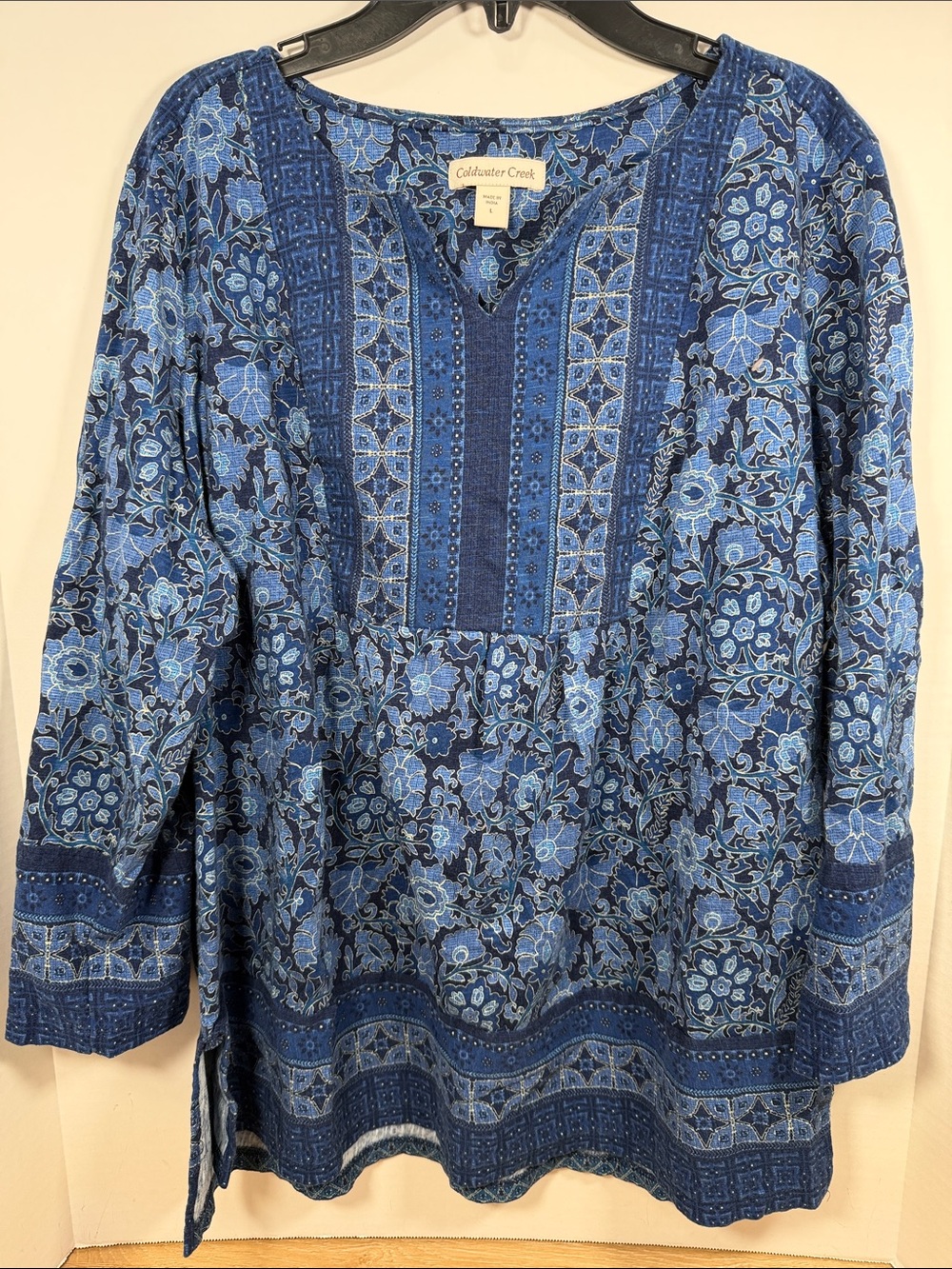 Coldwater Creek Blue Floral Long-Sleeve Boho Tunic